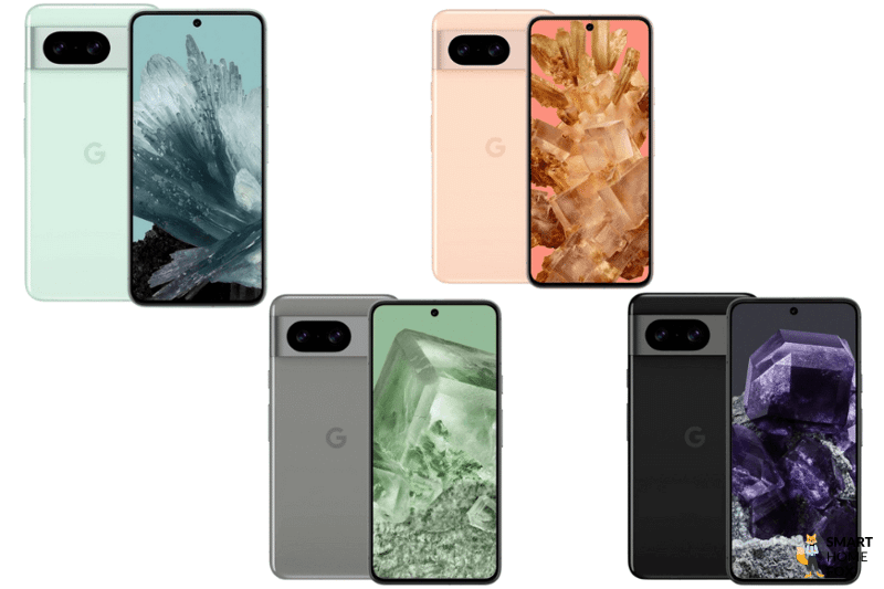 Das Google Pixel 8 Smartphone wird in den 4 unterschiedlichen Farbvarianten, Obsidian, Hazel, Rose und Mint präsentiert und nebeneinander gezeigt.